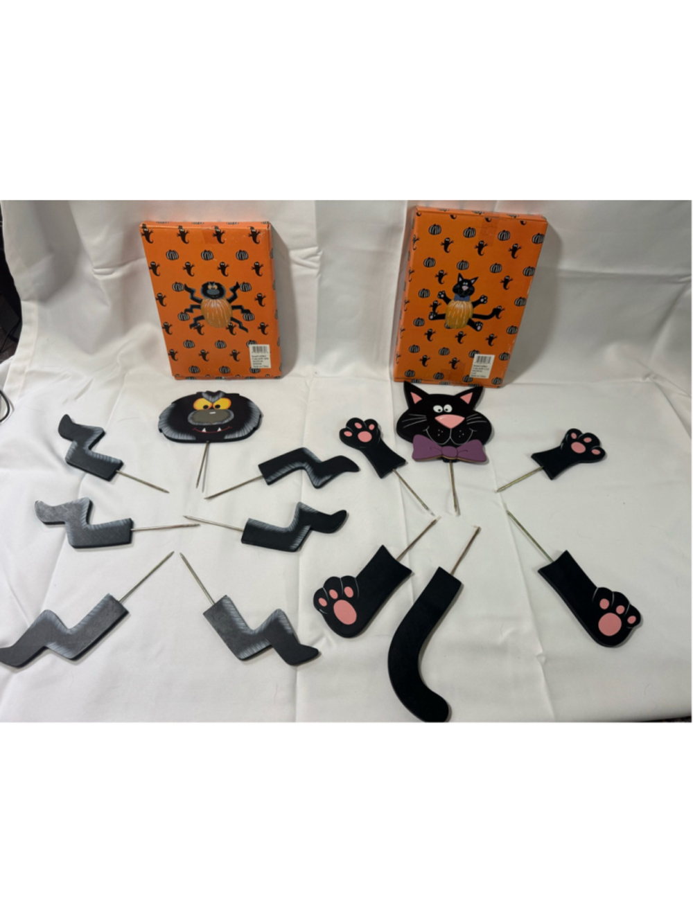 Vintage 2000s Halloween Wooden Pumpkin Decorations Black Cat Spider Stake Set